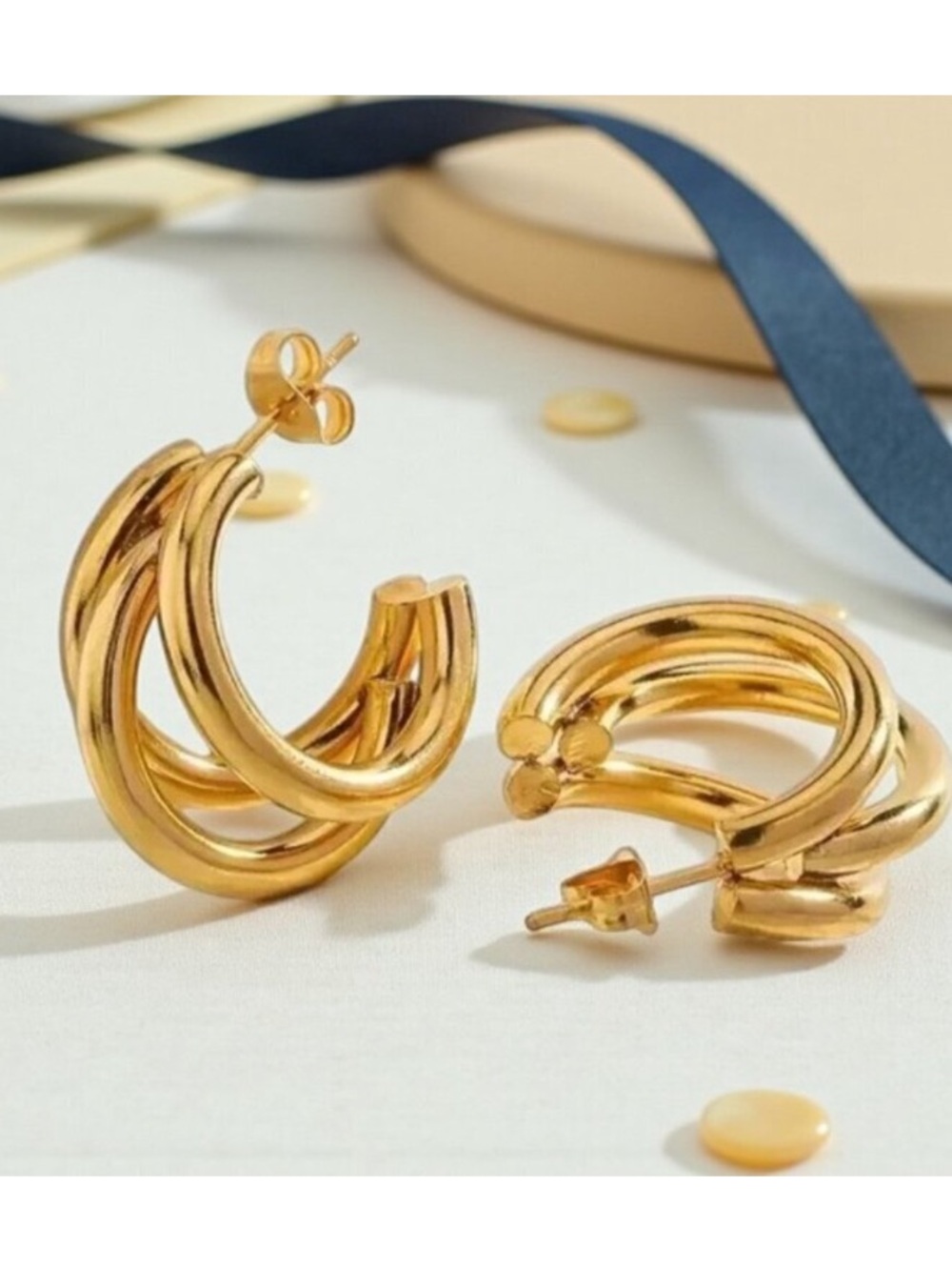Gold Triple-Loop Hoop Earrings - Women Jewelry